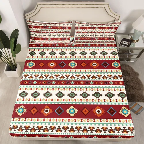 Vista 15 de Juego de sábanas bajeras de diseño nativo americano del suroeste para niños, niñas y adolescentes, juego de ropa de cama tribal para niños, niñas