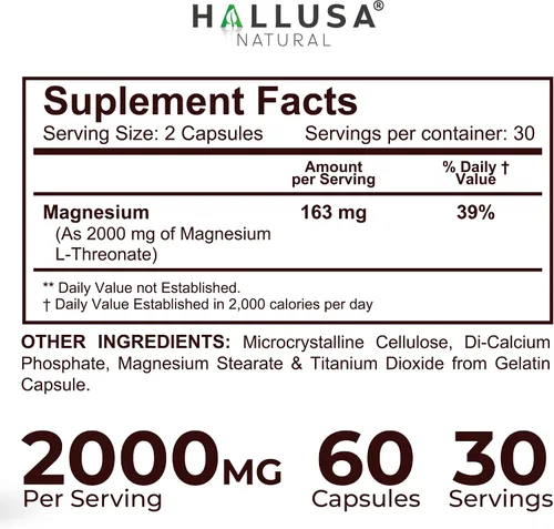 Vista 6 de Hallusa Natural Cápsulas de L-treonato de magnesio de 2000 mg, suplemento de apoyo cognitivo para la salud y la memoria del cerebro, claridad