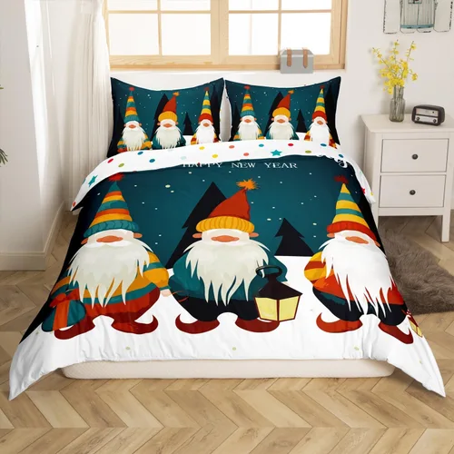 Vista 16 de Erosebridal Juego de ropa de cama de Navidad escandinavos gnomos de Papá Noel, funda de edredón de Papá Noel nevando para niños y niñas, funda