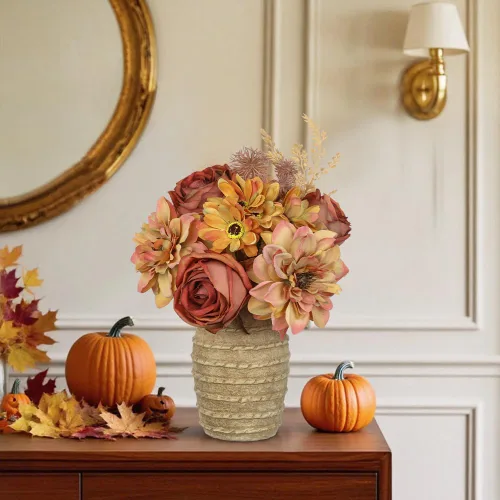 Vista 5 de Centro de mesa de otoño, flores artificiales en jarrón, arreglos florales de seda rústica con rosas y dalias, decoración de mesa de granja
