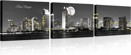 Vista 12 de 3 paneles de Atlanta Skyline vista de la ciudad en blanco y negro, imágenes panorámicas de edificio de ciudad, decoración de pared para sala