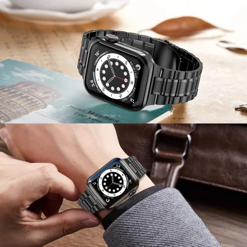 Vista 2 de MioHHR - Correas sólidas de acero inoxidable compatibles con Apple Watch de 38 mm, 40 mm, 41 mm, correa de metal con estuche suave de TPU para Negro