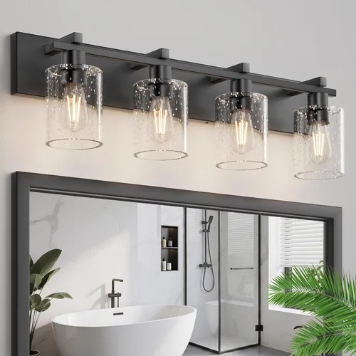 Vista 9 de Bathroom Light Fixtures Over Mirror, 2-Light Modern Matte Black Bathroom Vanity Light, Wall Lights with Clear Glass Shade, Living Room, Bedroom
