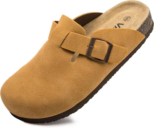 Vista 12 de Zuecos de ante con plantilla de corcho, sandalias de patata, mules de confort con soporte de arco, chanclas cómodas de slip on