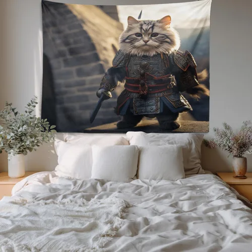 Vista 6 de Batmerry Cat In Armor Polyester Tapestry, Cat Armor Sword Warrior Battle Shield Lightweight Wall Hanging High-Definition Print Backdrop For Dorm