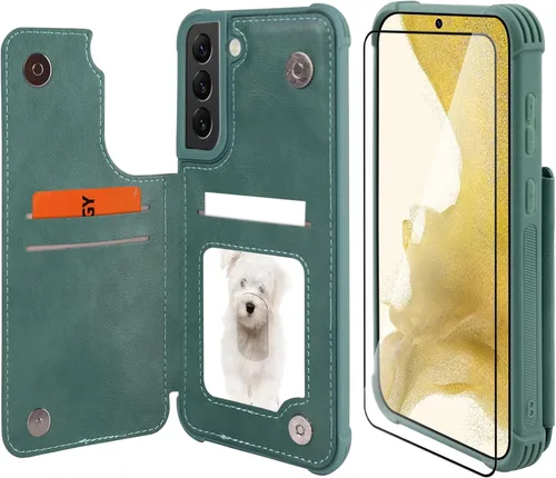 Vista 19 de VANAVAGY Funda tipo cartera compatible con Galaxy S22 con soporte para tarjetas de bloqueo RFID, piel sintética, cierre magnético, función atril