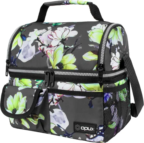 Vista 9 de Opux - Bolsa de almuerzo aislada de doble compartimento para hombres y mujeres Bolsa de almuerzo reutilizable con correa para el hombro, forro