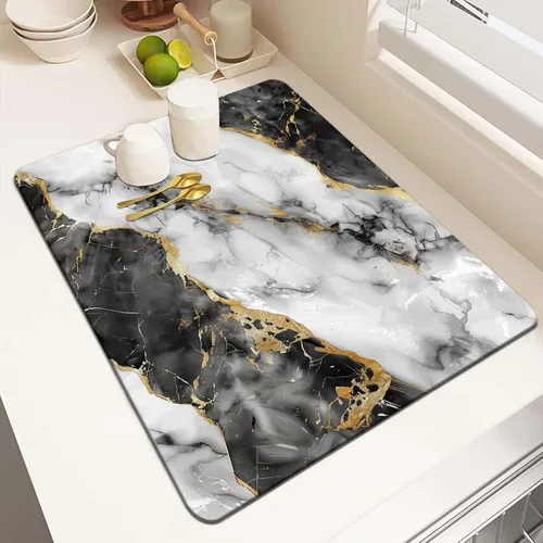 Vista 9 de MCALK Tapete de secado de platos negro mármol para encimera de cocina, almohadilla de secado de platos dorada con base de goma antideslizante