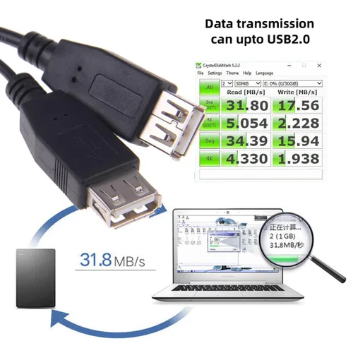 Vista 4 de cablecc Cable de datos de alimentación extra USB tipo A USB 2.0 hembra a USB tipo A macho compatible con unidad de disco SSD impresora escáner