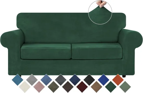 Vista 26 de WEERRW 4 Piezas Fundas de Terciopelo de Alta Elasticidad para Sofá de 3 Cojines Fundas de Sofá, Protector de Muebles Lavable con Parte Inferior