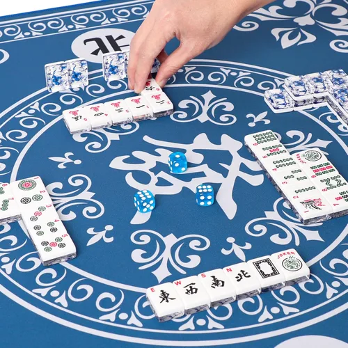 Vista 7 de Juego de Mahjong Americano, 166 Azulejos Premium de Acrílico con Impresiones Azules, 4 Estante/Empujadores de Color Todo en Uno, Juego Completo
