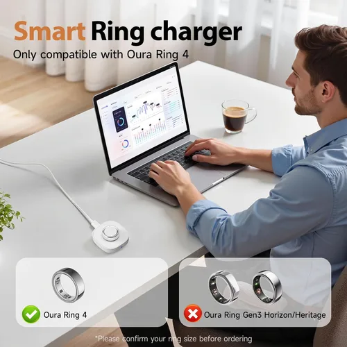 Vista 3 de Compatible con cargador Oura Ring 4, base de carga rápida y cable USB-C, Oura Ring 4 imprescindibles para los usuarios (blanco, tamaño 4)