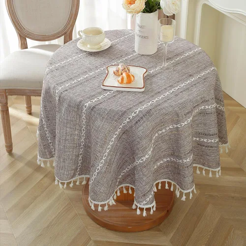 Vista 10 de meioro Mantel rústico, mantel rectangular de algodón texturizado de lino con borla, mantel de tela resistente para granja con bordado de rayas