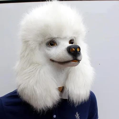 Vista 2 de TABKER Máscara de látex para disfraz de perro caniche blanco de Navidad, Halloween, fiesta, espectáculo, máscara de látex para perro, cabeza