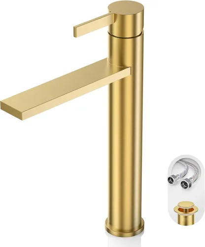 Vista 12 de Phiestina FH01-BG-V - Grifo de lavabo de baño de oro cepillado, un solo agujero, grifo alto de baño de una sola manija, con drenaje desplegable