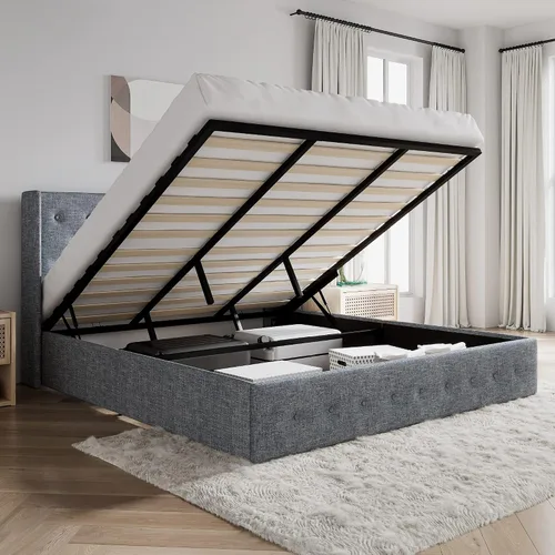 Vista 12 de SHA CERLIN Base de cama de tamaño completo con almacenamiento abatible, cabecera abombada con botón acolchado, plataforma tapizada, almacenamiento