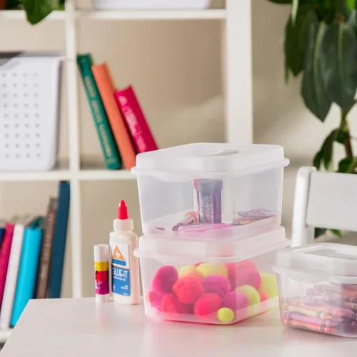 Vista 7 de Sterilite FlipTop, contenedor de almacenamiento pequeño apilable con tapa con bisagras, contenedor de plástico para organizar el escritorio