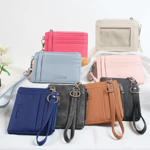 Vista 7 de Billeteras pequeñas para mujer, tarjetero de cuero con bloqueo RFID, cartera delgada y minimalista con bolsillo frontal para tarjetas, Beige, Delgado