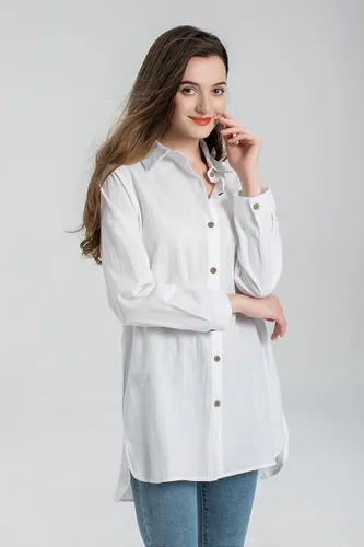 Vista 2 de Minibee Camisas de algodón para mujer, túnica alta y baja, blusa con botones