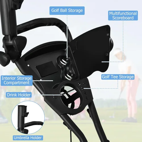 Vista 4 de Tangkula Carrito de golf de empuje, carrito de empuje plegable de aluminio ligero de 3 ruedas, carrito de golf con correa elástica, paraguas y Gris