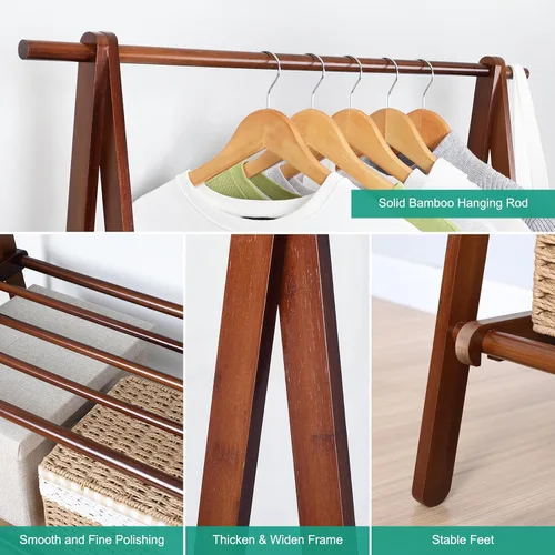 Vista 5 de Jotsport Perchero de bambú plegable para colgar ropa con estante de almacenamiento de 2 niveles para lavandería, habitación de invitados