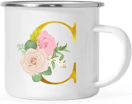 Vista 12 de Andaz Press Taza de café de acero inoxidable para niños de 11 onzas, regalo de taza de café de fogata, rosa rubor, monograma de oro sintético, letra