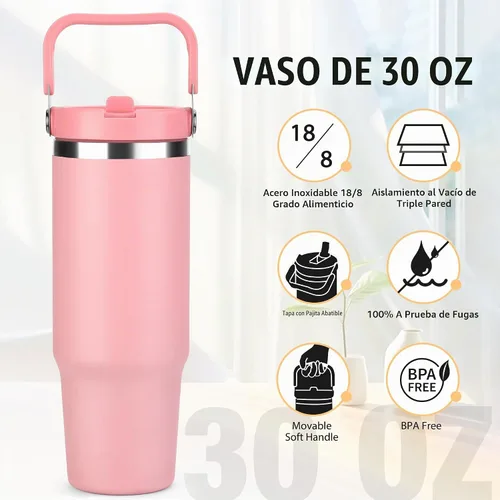 Vista 4 de TaroKitc Vaso de 30 onzas con asa y popote abatible, botella de agua aislada al vacío de triple pared, taza de viaje reutilizable a prueba de fugas