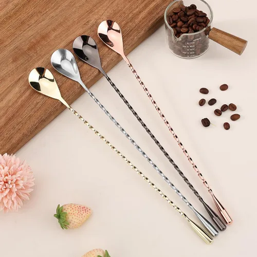Vista 2 de Hoshen 12 Inch Stainless Steel Long-Handled Spiral Twisted Spoon, Cocktail Mixing Spoon - 5 PCS(Black)