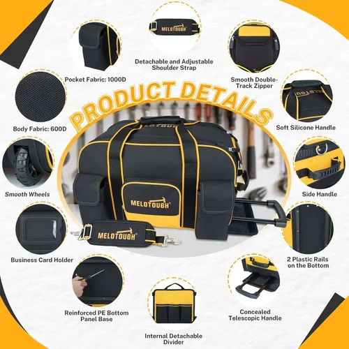 Vista 2 de MELOTOUGH Bolsa de herramientas con ruedas, organizador de bolsa de herramientas resistente con mango telescópico oculto, gran capacidad, múltiples