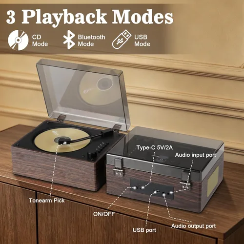 Vista 5 de Reproductor de CD de grano de madera de nogal con Bluetooth 5.3 - Reproductor de música de escritorio retro, altavoces de alta fidelidad duales