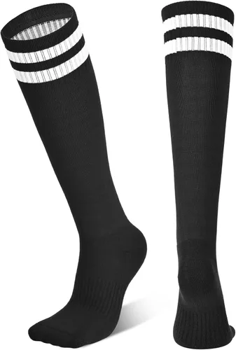 Vista 3 de Calcetines de fútbol para niños, 4 pares, a rayas altas hasta la rodilla, con soporte de tobillo para niños y niñas