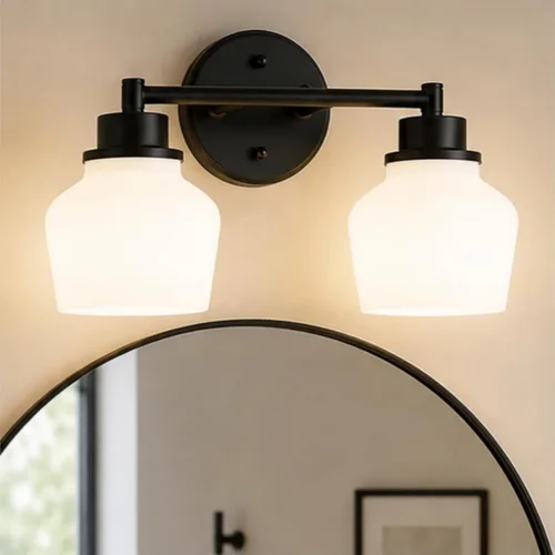 Vista 10 de Luminarias de baño Emak de níquel cepillado, luz de tocador de baño de 2 luces con pantalla de vidrio esmerilado, luces de tocador modernas