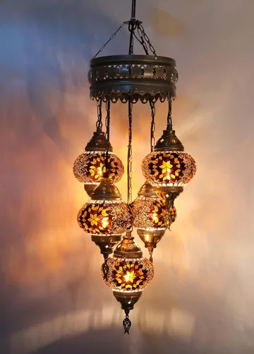 Vista 9 de Asylove Candelabros turcos de 5 globos, lámpara colgante de mosaico, iluminación de techo marroquí Art Deco de 5 globos, 5 pulgadas de altura total