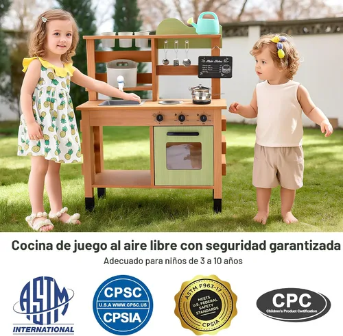 Vista 6 de OLLIKIVI Cocina de juego al aire libre para niños Juego de cocina de barro de madera con fregadero extraíble, área de plantación, horno, estufa