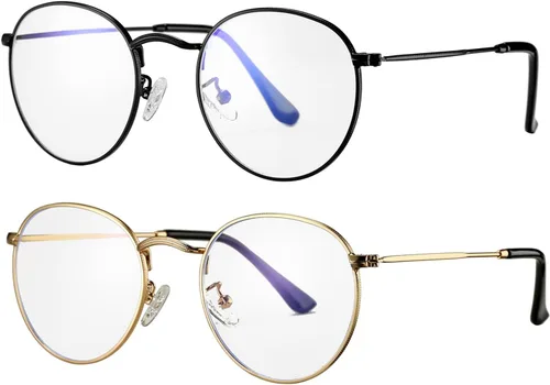 Vista 7 de HJSTES - Gafas redondas con filtro de luz azul para hombres y mujeres, estilo retro, con lente transparente y marco metálico