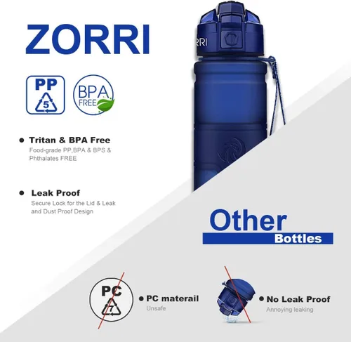 Vista 4 de Botella de agua deportiva Zorri, 400/500/700ml/1L, sin BPA, a prueba de fugas, ligera, botellas Tritan para exteriores, camping, ciclismo, fitness