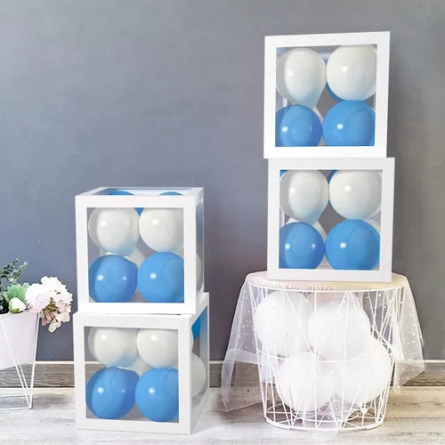 Vista 2 de Cajas de baby shower, decoraciones de fiesta, 4 cajas de globos transparentes blancas para niños y niñas, decoración de baby shower, revelación