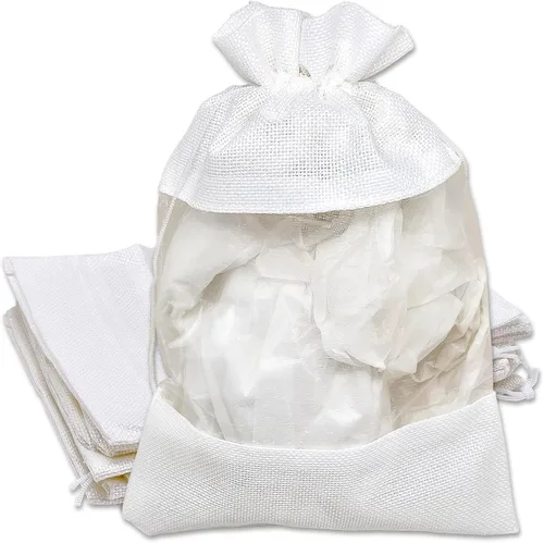 Vista 26 de TheDisplayGuys para tu vida moderna - Paquete de 12 bolsas de regalo pequeñas de arpillera de lino y organza con cordones (8.9x14 cm, gris)