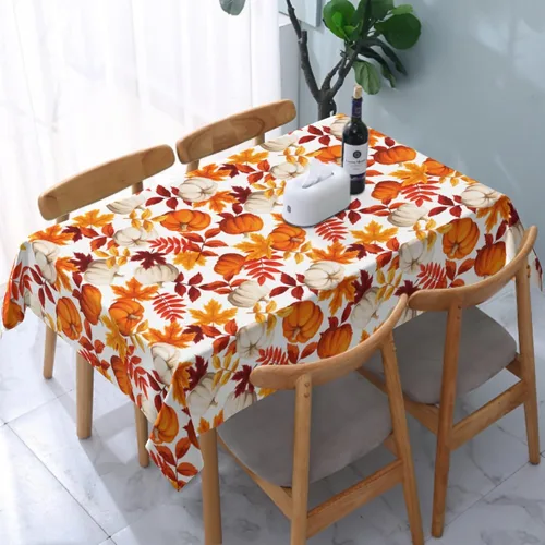 Vista 10 de Thanksgiving Tablecloth Square 52x52 Inch Fall Harvest Autumn Pumpkin Fallen Leaves Maple Leaf Print Decorative Table Cloth Holiday Decorations