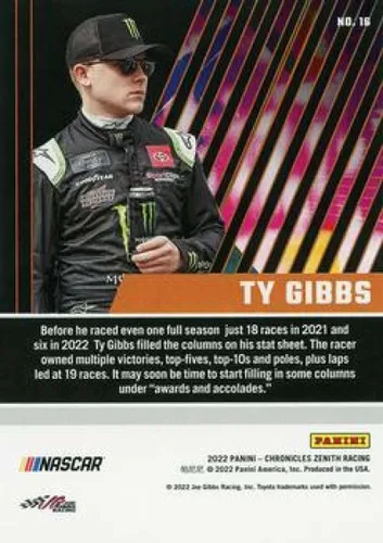 Vista 2 de Panini Chronicles Zenith Racing #16 Ty Gibbs Monster Energy/Joe Gibbs Racing/Toyota - Tarjeta comercial oficial de NASCAR 2022