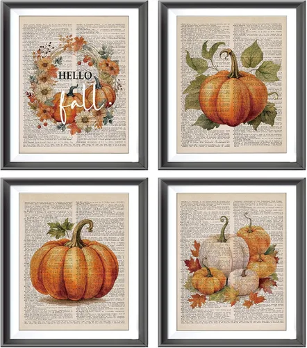 Vista 9 de AEHIE Chinoiserie Fall Pumpkin Wall Art Poster Prints Decor 4pcs 8x10 Blue and White Autumn Pumpkin Floral Maple Leaf Decorations Prints Wall Art