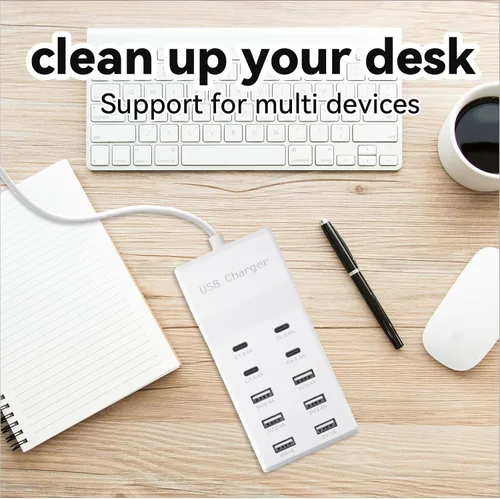 Vista 5 de Bloque de estación de carga USB con 10 puertos (6 puertos USB-A y 4 puertos USB-C), tira de alimentación USB para teléfono inteligente, tableta