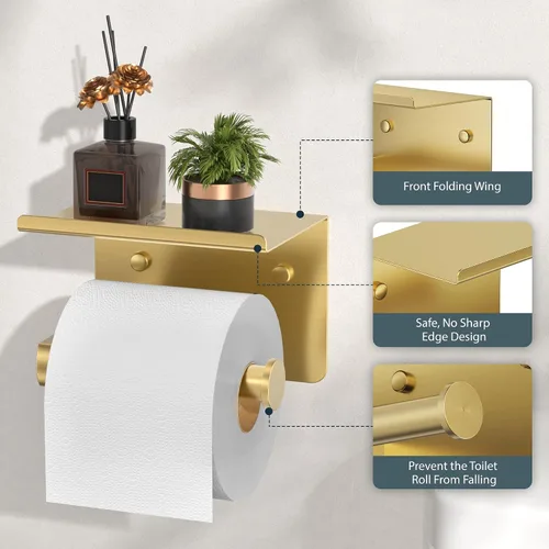 Vista 4 de Portarrollos de papel higiénico con estante, montaje en pared adhesivo o con tornillos, portarrollos de papel higiénico para baño, dispensador