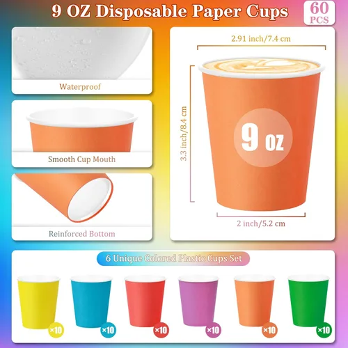 Vista 8 de KesaPlan 60 vasos de papel desechables de 9 onzas, vasos de plástico para fiestas, vasos de papel arcoíris, 6 colores para bebidas frías calientes