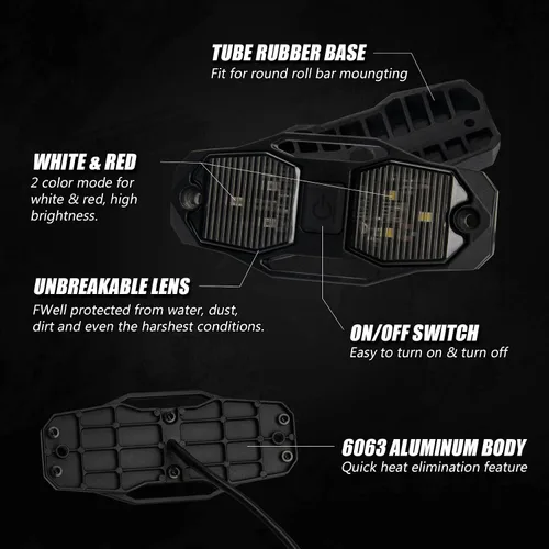 Vista 4 de OPP ULITE Switch UTV - Luz LED Doom de 6 unidades, blanco y rojo, 6 unidades, montaje en barra enrollable universal para interior de automóvil