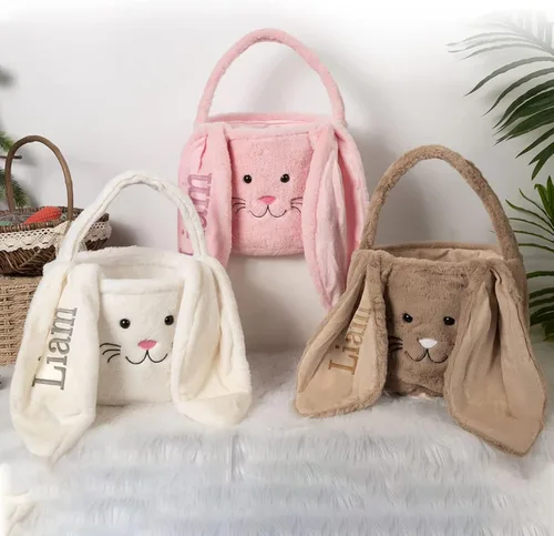 Vista 3 de Cesta de Pascua personalizada de conejo, cesta de Pascua de piel con nombre, cubo de Pascua de felpa, bolsa de regalo de Pascua personalizada