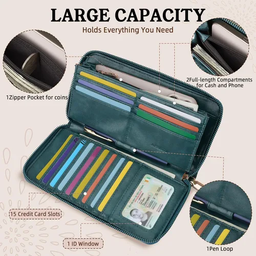 Vista 3 de APHISON Billetera para mujer, gran capacidad, monedero, tarjetero, RFID, pulsera, teléfono, cremallera, moneda, bolsillo de viaje azul