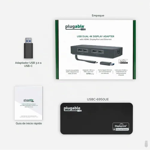 Vista 8 de Plugable Adaptador Dual Monitor 4K DisplayPort y HDMI para USB 3.0 y USB-C, Compatible con Windows y ChromeOS