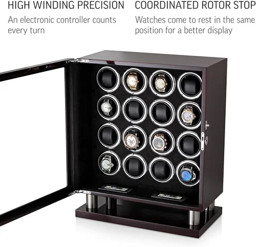 Vista 4 de Enrollador de reloj para 16 relojes automáticos con retroiluminación LED y control de pantalla táctil LCD, Ébano + Negro, Enrolladores de reloj