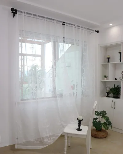 Vista 3 de SLOW SOUL Juego de 2 paneles de cortinas bordadas transparentes de lino con textura de algodón para ventanas de dormitorio y sala de estar